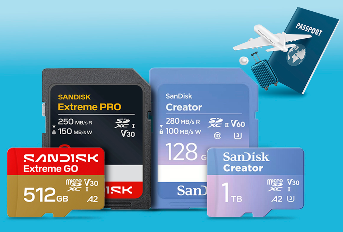Le schede SD e microSD SANDISK Extreme PRO SD, SANDISK Extreme GO e Creator Series sono visualizzate accanto a passaporto, aereo e valigia.