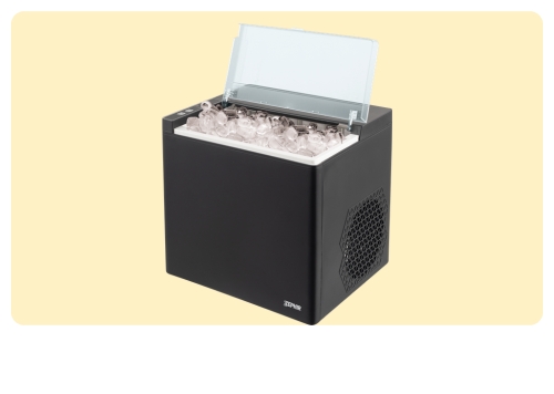 Portable black countertop ice maker with clear lid open, filled with ice cubes