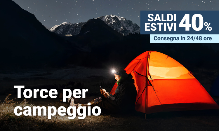 Person with headlamp using phone beside illuminated orange tent at night under starry mountains, banner advertising 40% summer sale