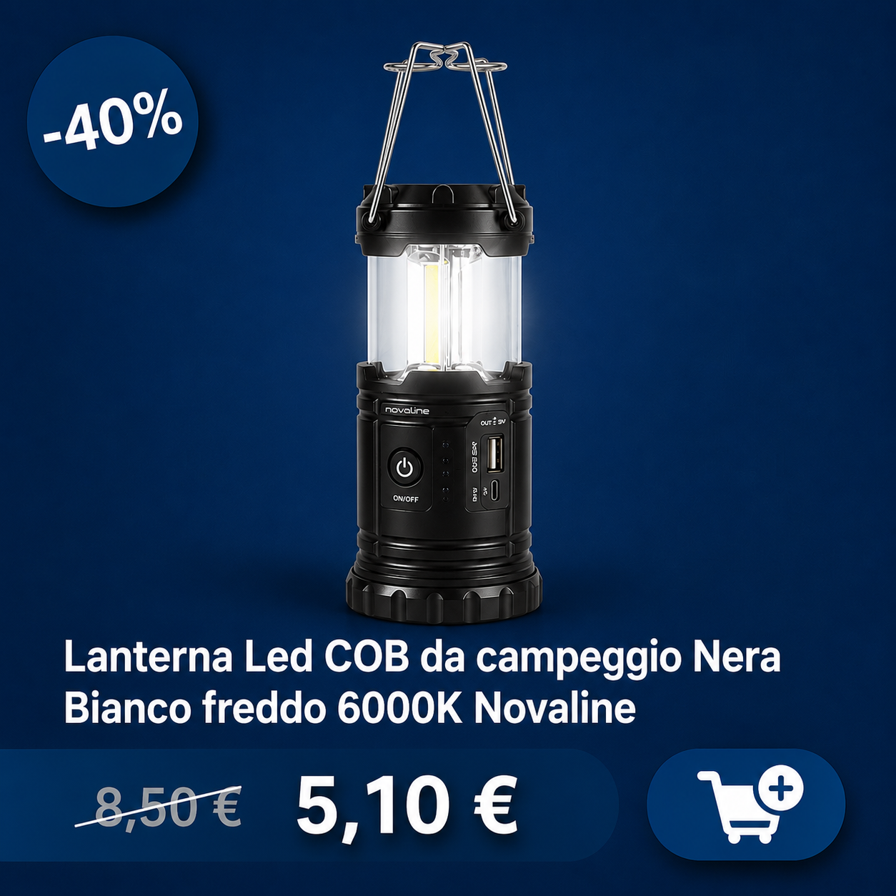 Black Novaline COB LED camping lantern with hanging handle and USB charging port, 6000K cold white light; product image with -40% discount badge