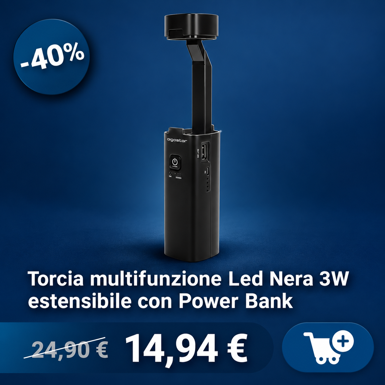 Black extendable multifunction LED torch 3W with built-in power bank and USB port, shown upright on blue background