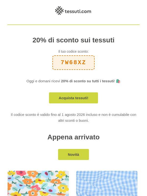 20% di sconto su tutti i tessuti