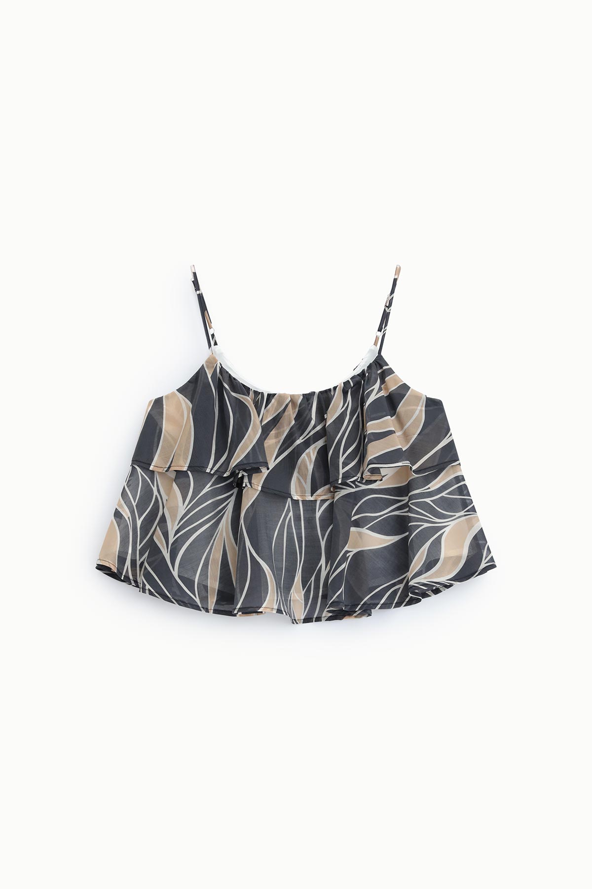 Women's cropped camisole with thin straps, navy, grey and beige abstract leaf print and double-tier ruffle
