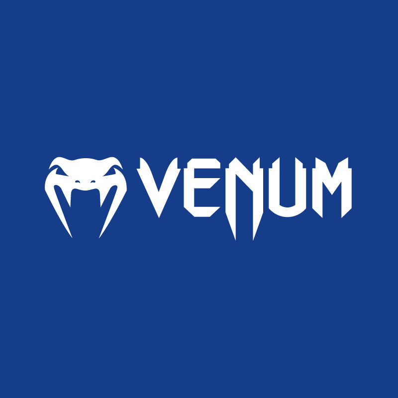 White Venum logo with stylised snake head and angular lettering on a solid blue background
