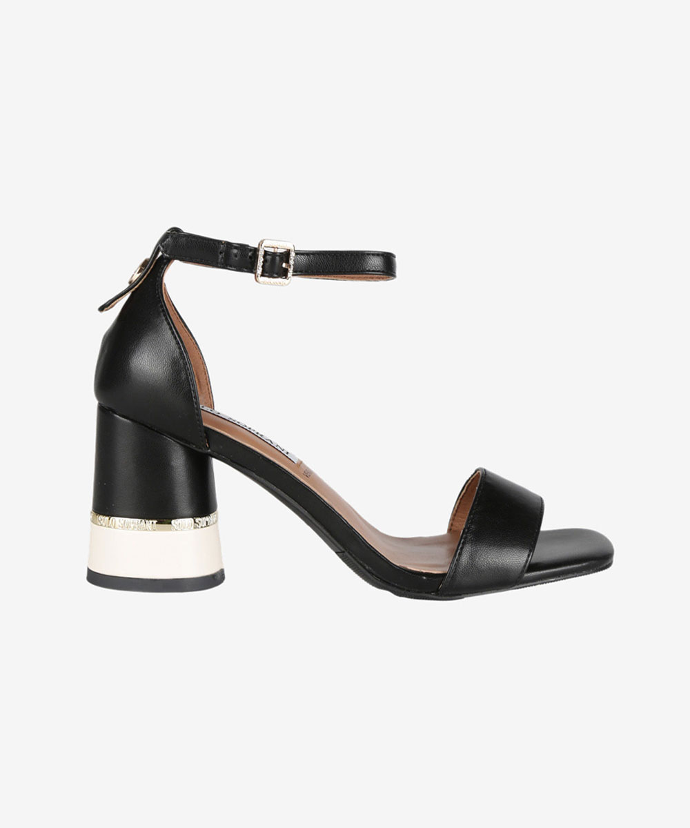 Black leather open-toe block-heel sandal with ankle strap and gold trim