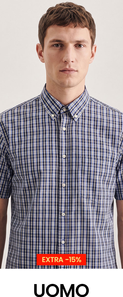 Man wearing navy-and-white checked short-sleeve button-down shirt, slim fit; promotional 'Extra -15%' tag visible