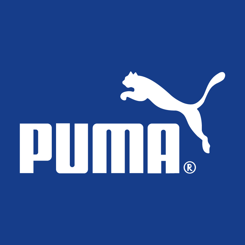 White Puma logo showing a leaping cat above bold 'PUMA' text on a solid blue background