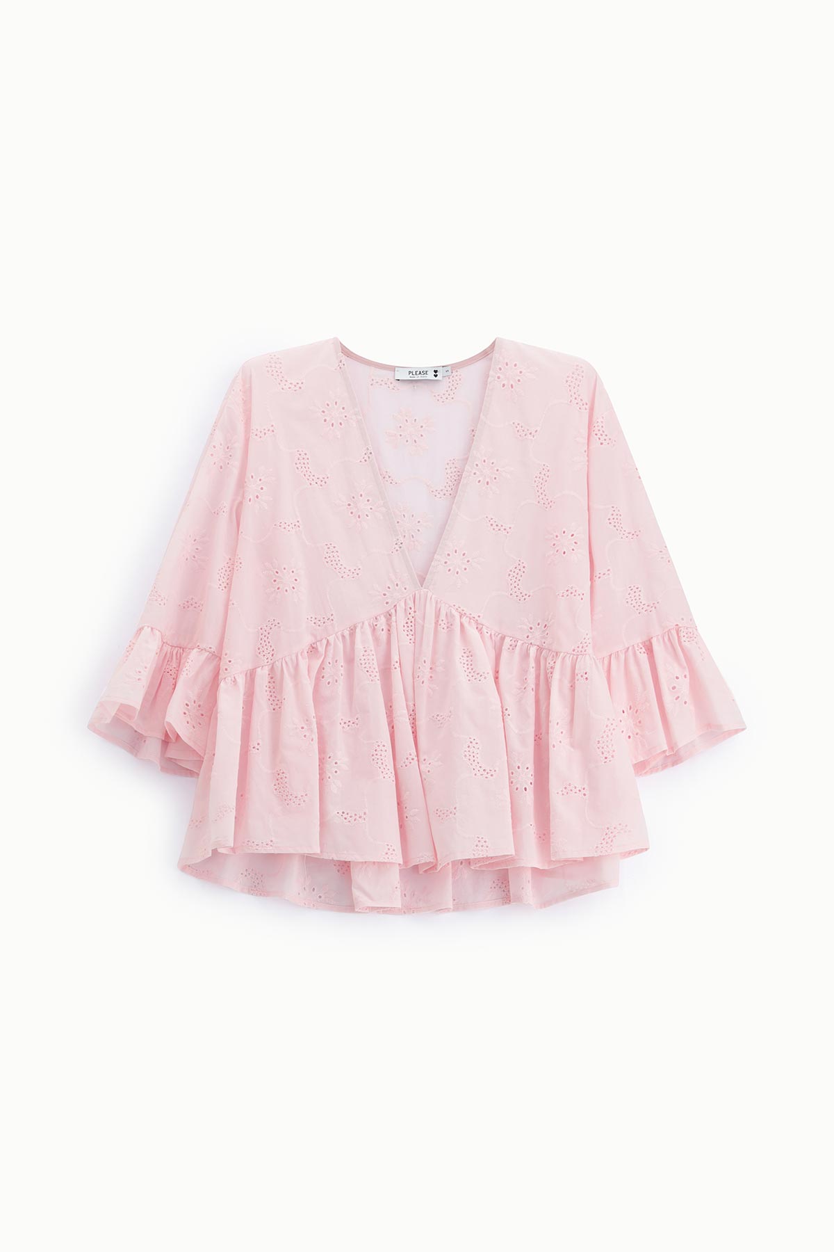 Pastel pink eyelet cotton ruffle blouse with V-neck and flared short sleeves