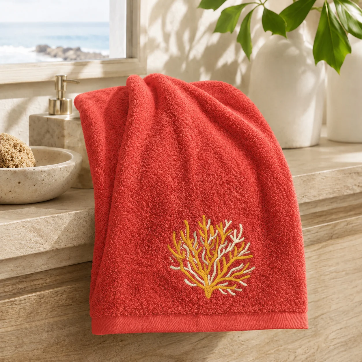 Image of Telo da Bagno in Spugna di <br>Cotone con Ricamo - <b>Coralli