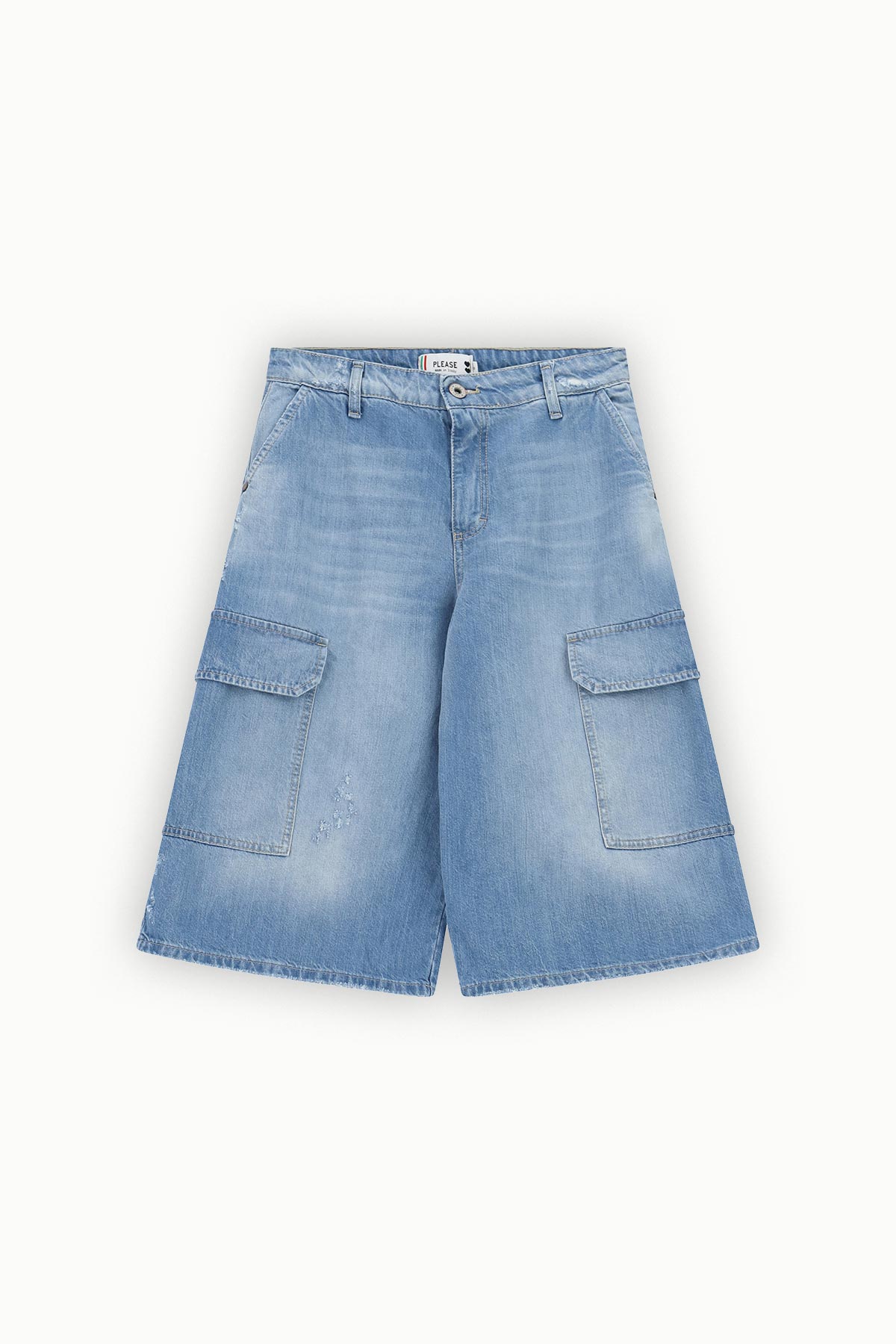 Women's light-blue denim wide-leg knee-length cargo shorts with front patch pockets, belt loops and button-and-zip fastening