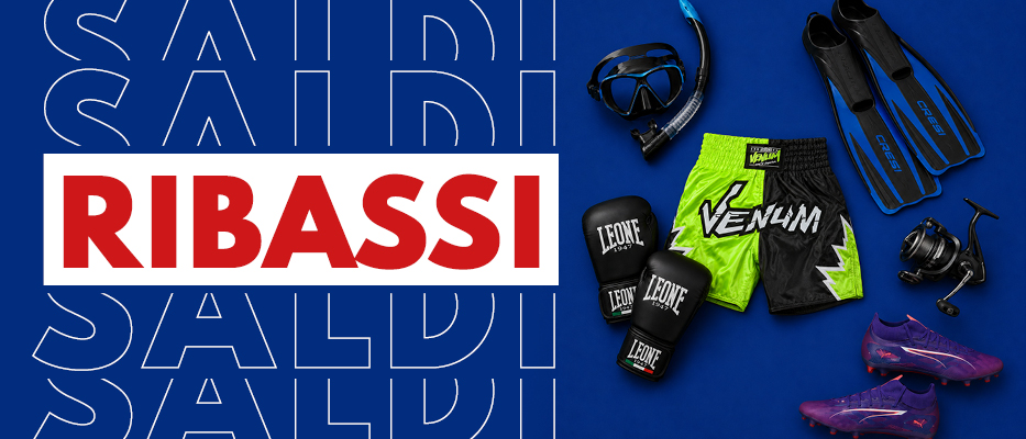 Sports gear flat-lay on blue background: Venum shorts, Leone boxing gloves, snorkel and fins, fishing reel and purple football boots, with bold 'RIBASSI' sale banner