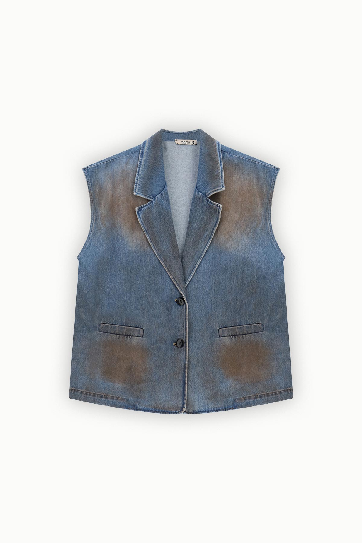 Faded blue denim sleeveless blazer vest with notch lapel, two front buttons and welt pockets