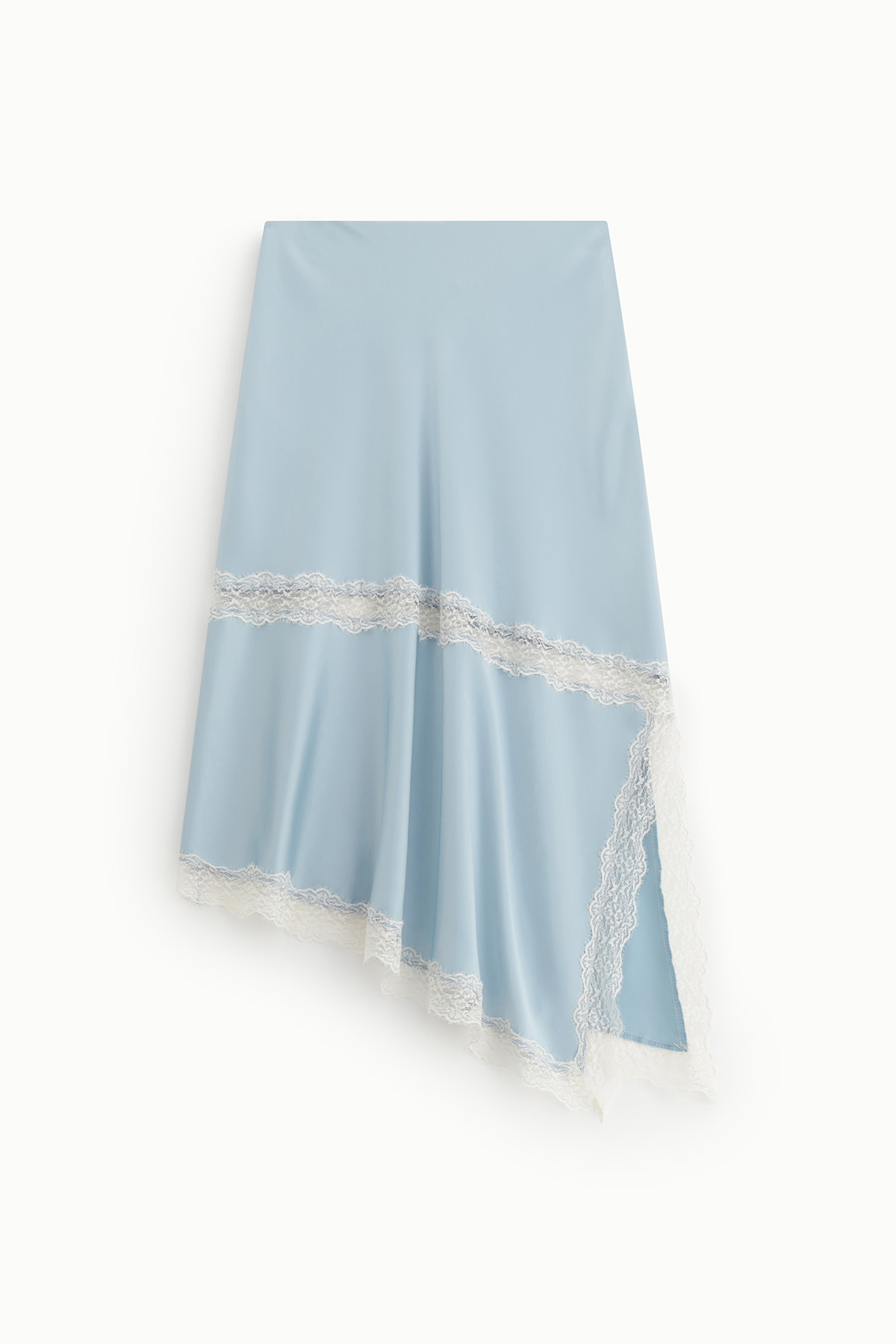 Asymmetrical pale blue satin skirt with white lace trim, midi-length draping for women's evening or bridal wear