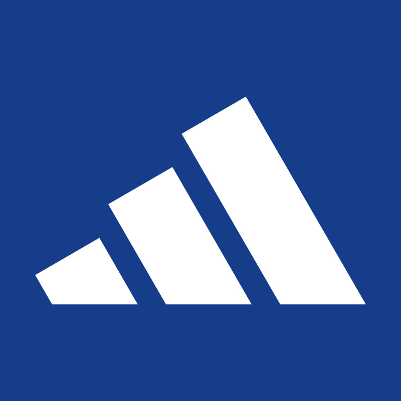 White stylised three diagonal bars forming a rising stripe logo on a solid blue background