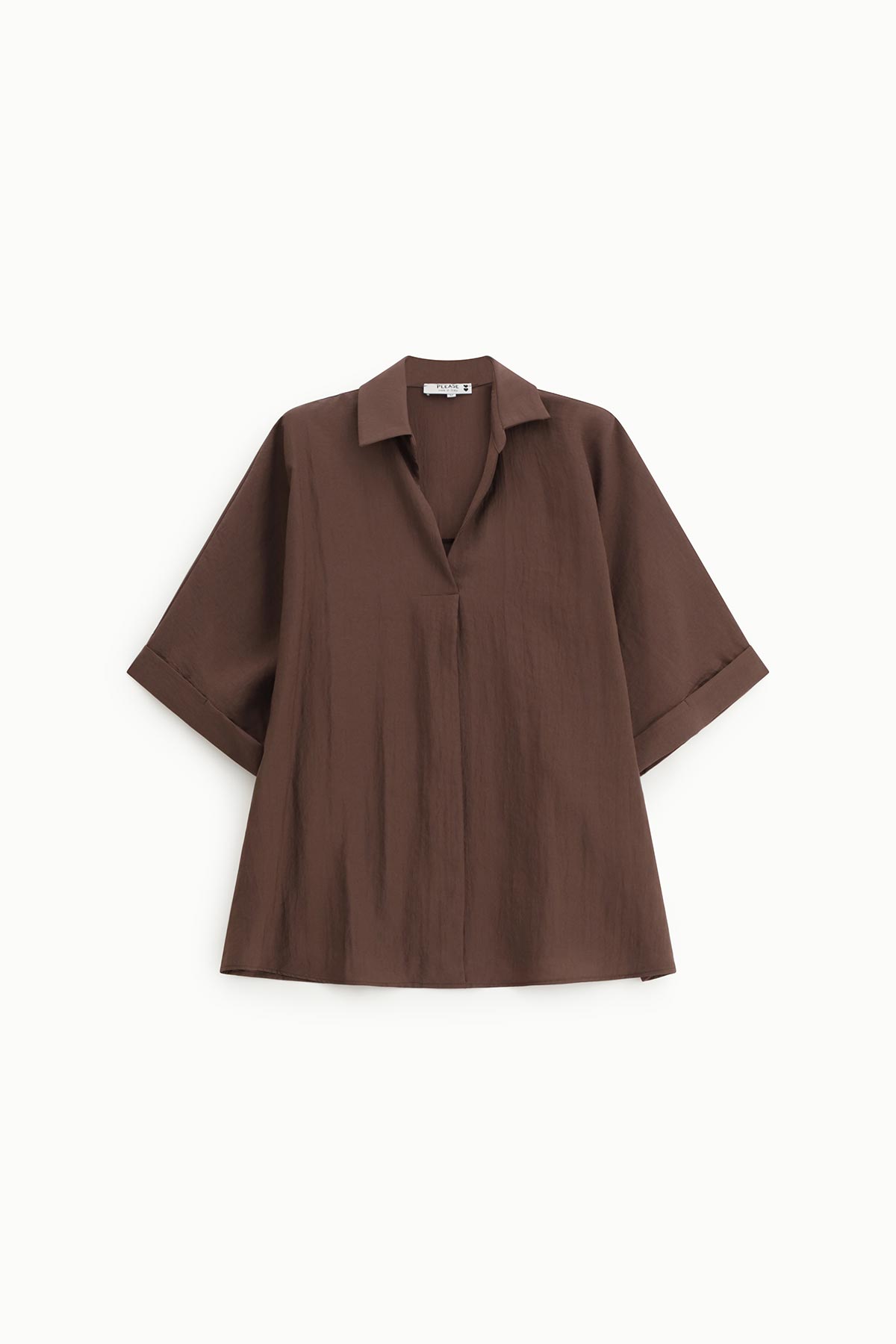 Brown short-sleeve collared blouse with V-neck and cuffed sleeves, relaxed fit textured fabric on white background