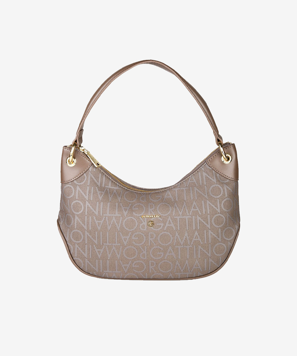 Taupe hobo shoulder bag with repeating monogram pattern, gold-tone zip and grommet details and single top handle