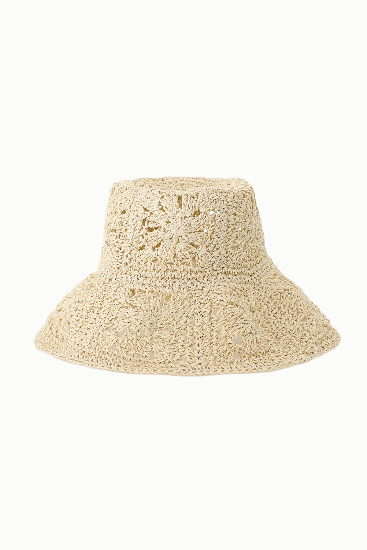 Beige crocheted bucket sun hat with wide brim and floral openwork pattern, lightweight summer beach accessory
