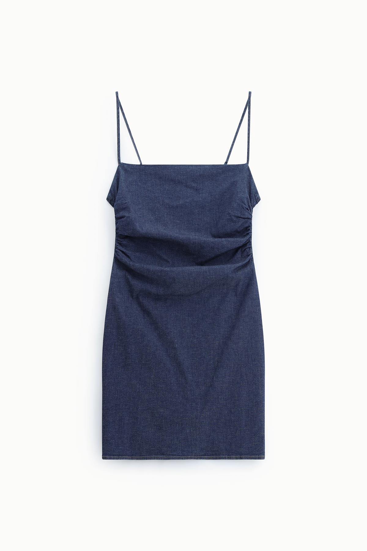 Navy denim spaghetti-strap mini dress with subtle ruching at the sides on a white background