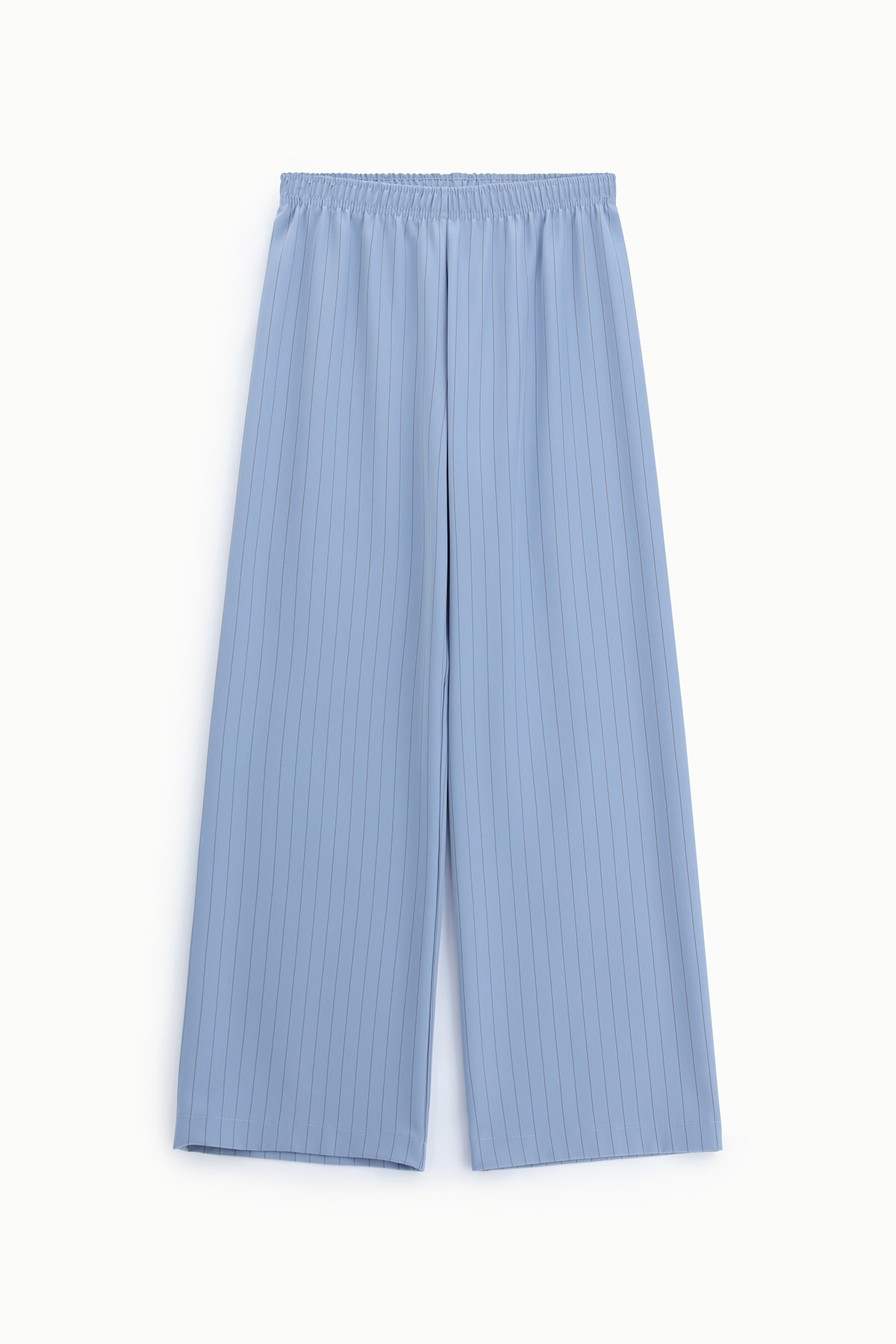 Light blue women's wide-leg trousers with subtle vertical pinstripes and elastic waistband, laid flat on white background