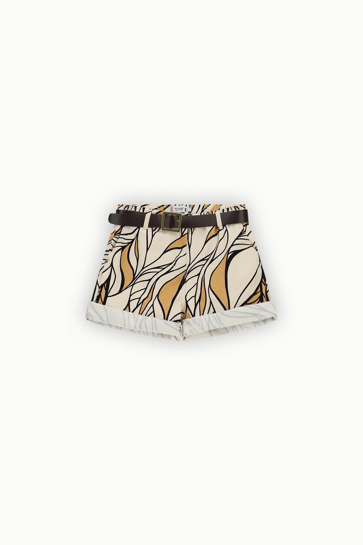 High-waist women's shorts with abstract beige, tan and black wave print, cuffed hem and dark brown belt on white background