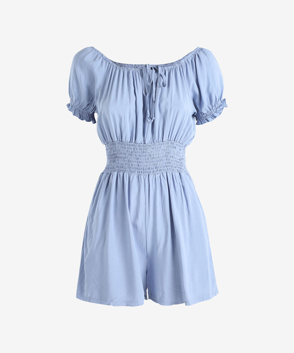 Light blue off-shoulder playsuit with puff sleeves, smocked waist and tie-front detail, lightweight summer romper