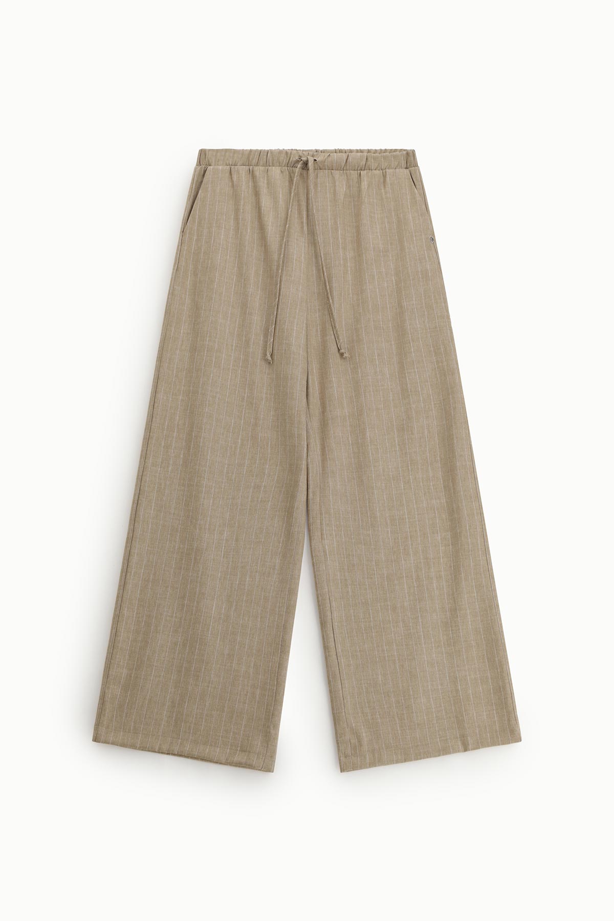 Wide-leg beige pinstripe linen-blend trousers with elastic drawstring waist and side pockets, flat-lay on white background