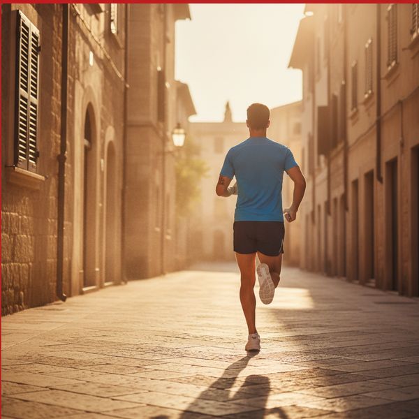 Man running in blue shirt along sunlit cobblestone street of a quiet historic town at sunrise, back view