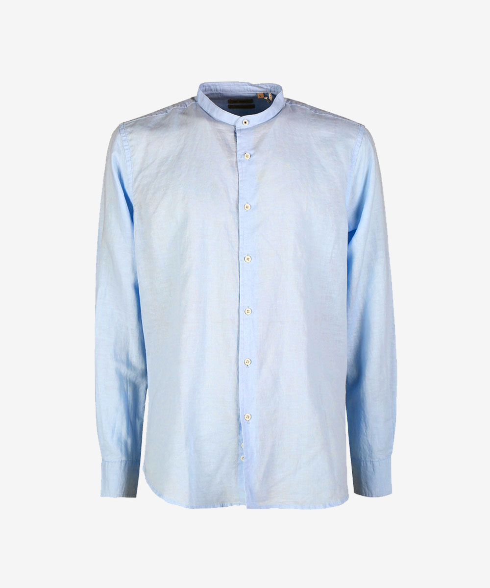 Men's light blue long-sleeve linen shirt with band (mandarin) collar and front buttons