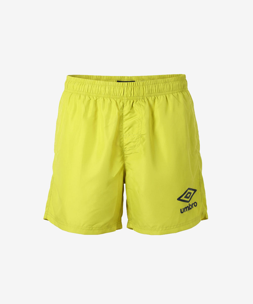 Men's neon yellow Umbro swim shorts with elasticated waistband and right-leg logo, mid-thigh sporty fit