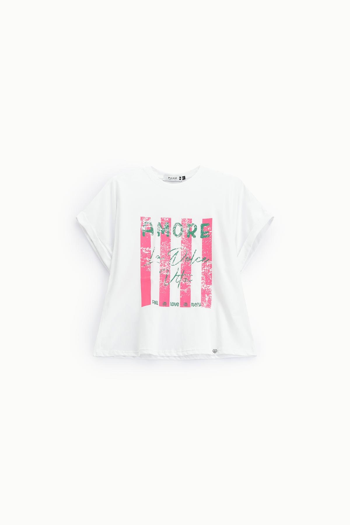 White short‑sleeve women's T‑shirt with pink vertical stripes and floral 'Amore' graphic print on the front