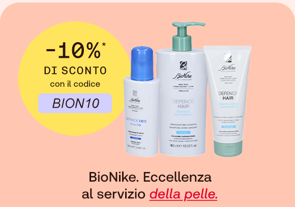 &ldquo;Prodotti BioNike Defence (deodorante, shampoo e balsamo) su sfondo rosa. Testo: &lsquo;BioNike. Eccellenza al servizio della pelle&rsquo;. Offerta -10% con codice BION10.&rdquo;