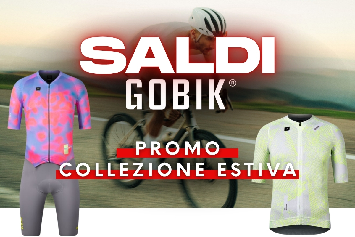 Promotional GOBIK summer sale banner showing two colourful cycling jerseys and a blurred cyclist riding on a road