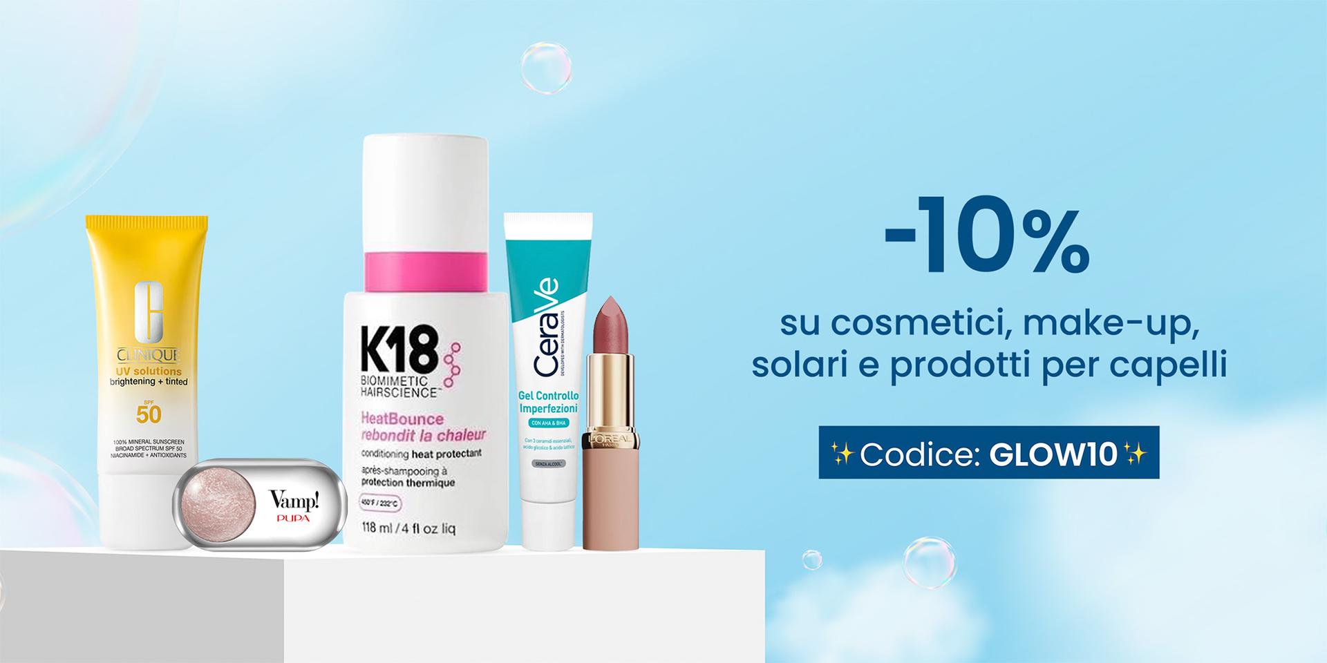 ⭐ -10% su cosmetici, make-up, solari e prodotti per capelli!