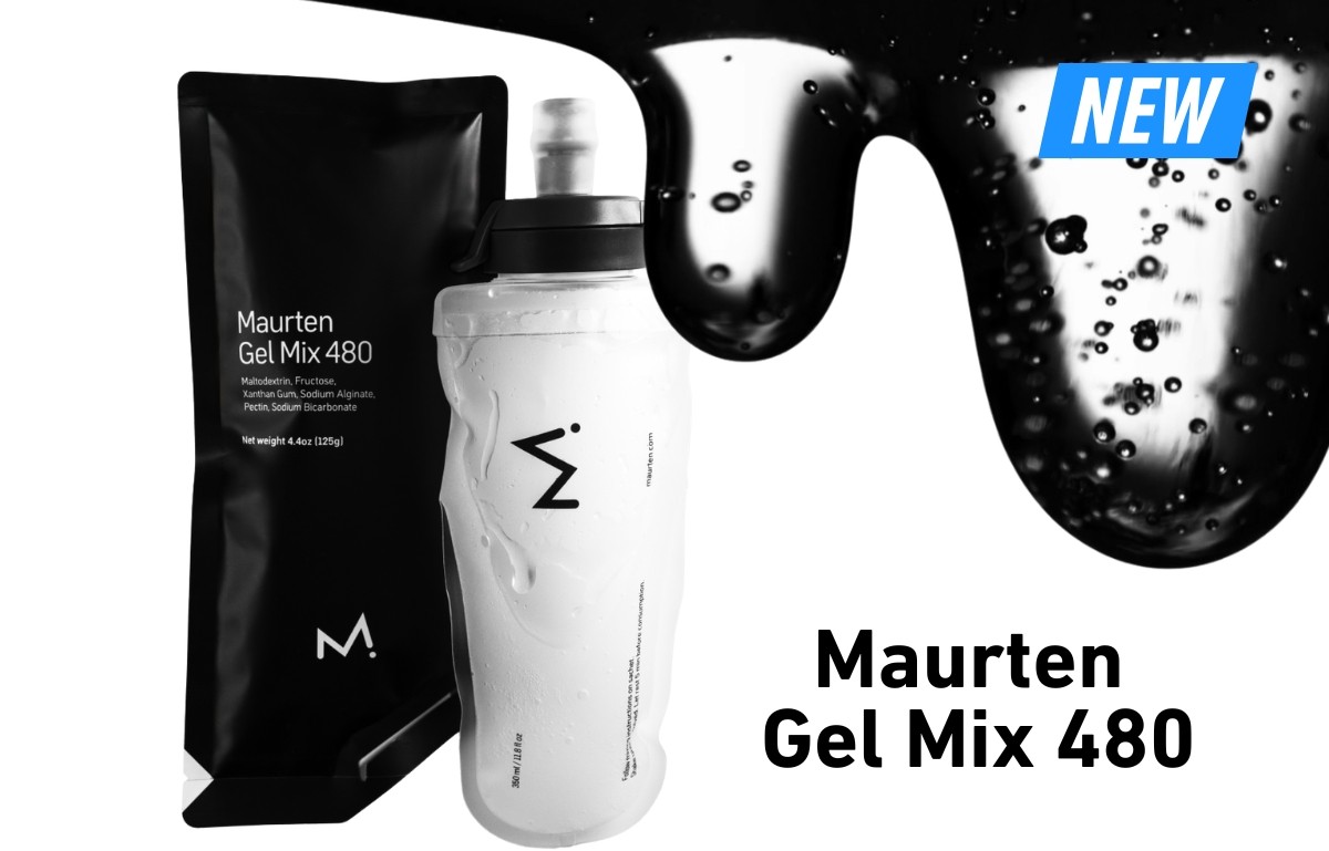 Maurten Gel Mix 480 pouch and white sports bottle with wet droplets, black gel drip graphic and NEW badge