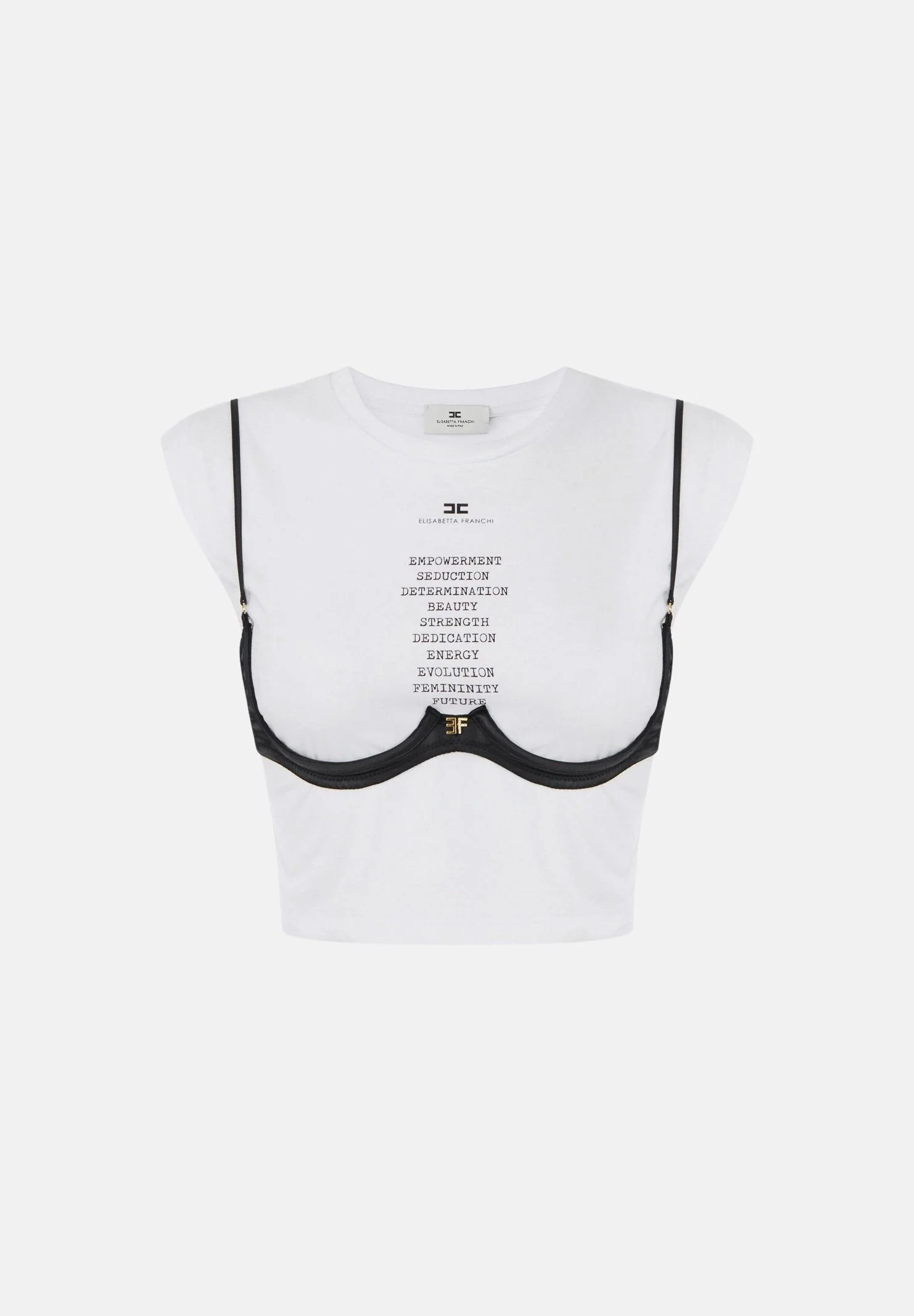 Image of ELISABETTA FRANCHI T-shirt manica corta gesso bianco da donna con reggiseno applicato, stampa lettering