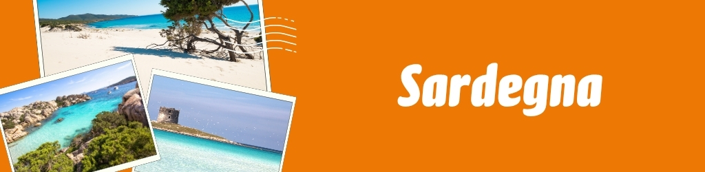 Collage of Sardegna postcards showing white sandy beaches, turquoise sea, rocky coast and a coastal tower on orange background with 'Sardegna' text