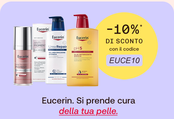 &ldquo;Prodotti Eucerin (Anti-Pigment, UreaRepair e pH5) su sfondo lilla. Testo: &lsquo;Eucerin. Si prende cura della tua pelle&rsquo;. Offerta -10% con codice EUCE10.&rdquo;