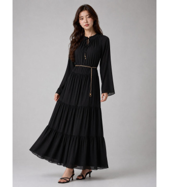 Vestito lungo con collo annodato e smock nero