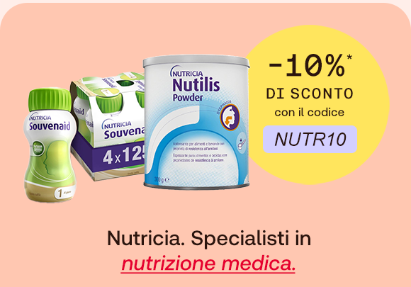 &ldquo;Prodotti Nutricia Souvenaid e Nutrilis Powder su sfondo rosa. Testo: &lsquo;Nutricia. Specialisti in nutrizione medica&rsquo;. Offerta -10% con codice NUTR10.&rdquo;