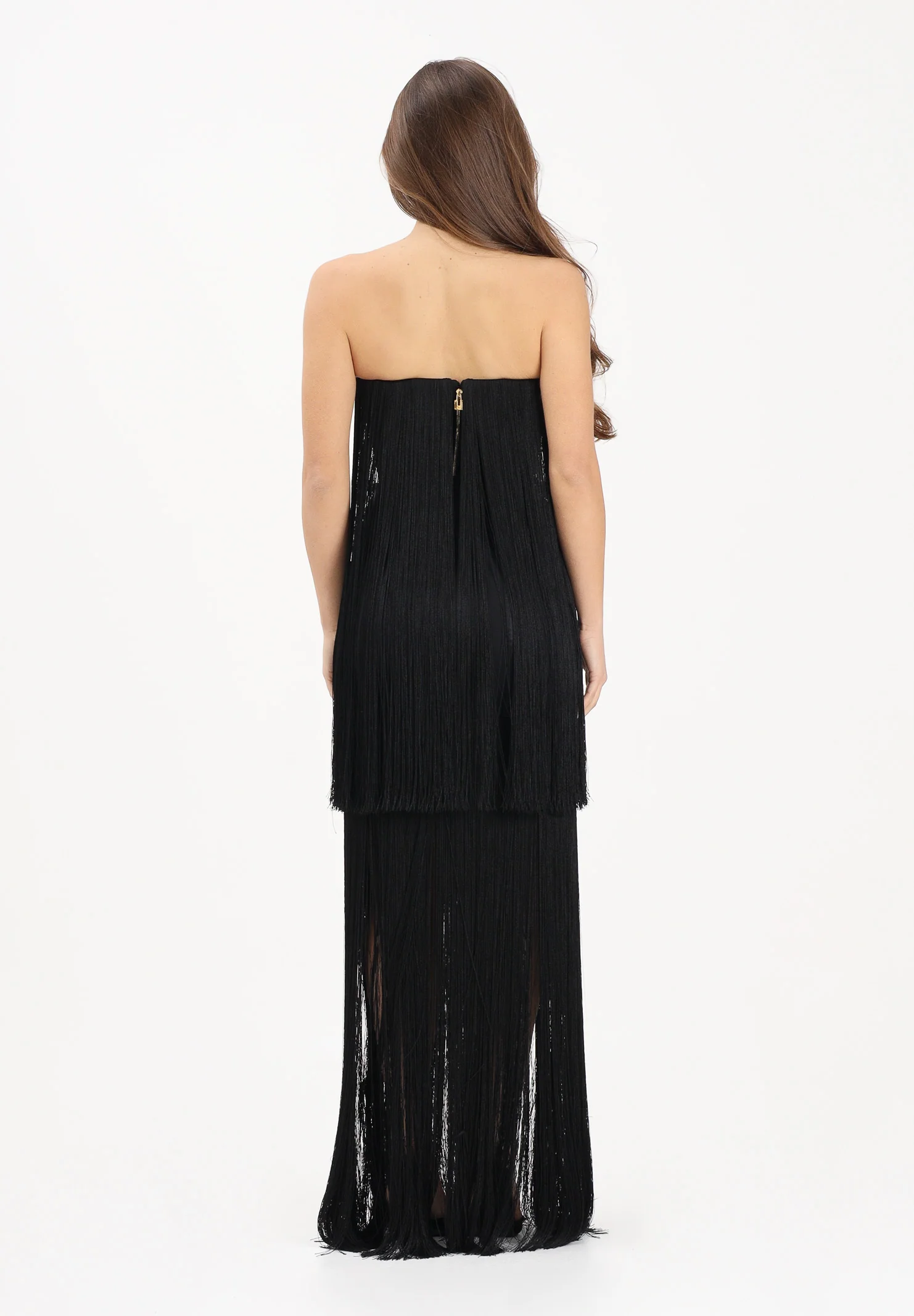 Image of ELISABETTA FRANCHI Abito lungo nero da donna con frange