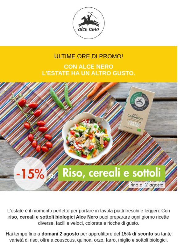 Ultime ore: domani termina il -15% su riso, cereali e sottoli!