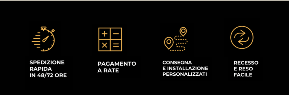 Gold icons row: fast shipping (48–72 hrs), instalment payments, personalised delivery and installation, easy returns