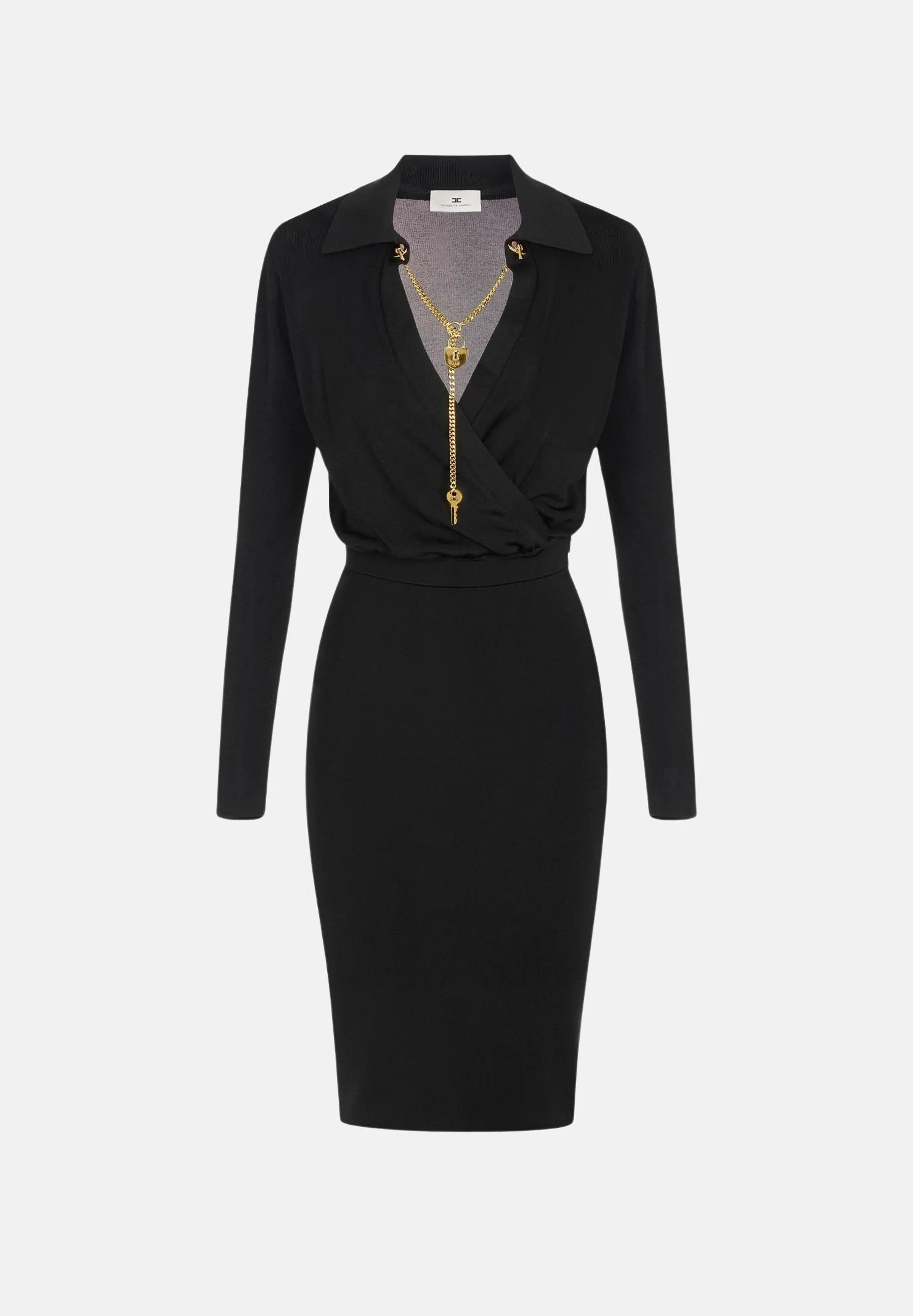Image of ELISABETTA FRANCHI Abito midi in filato di viscosa nero da donna con catena gioiello
