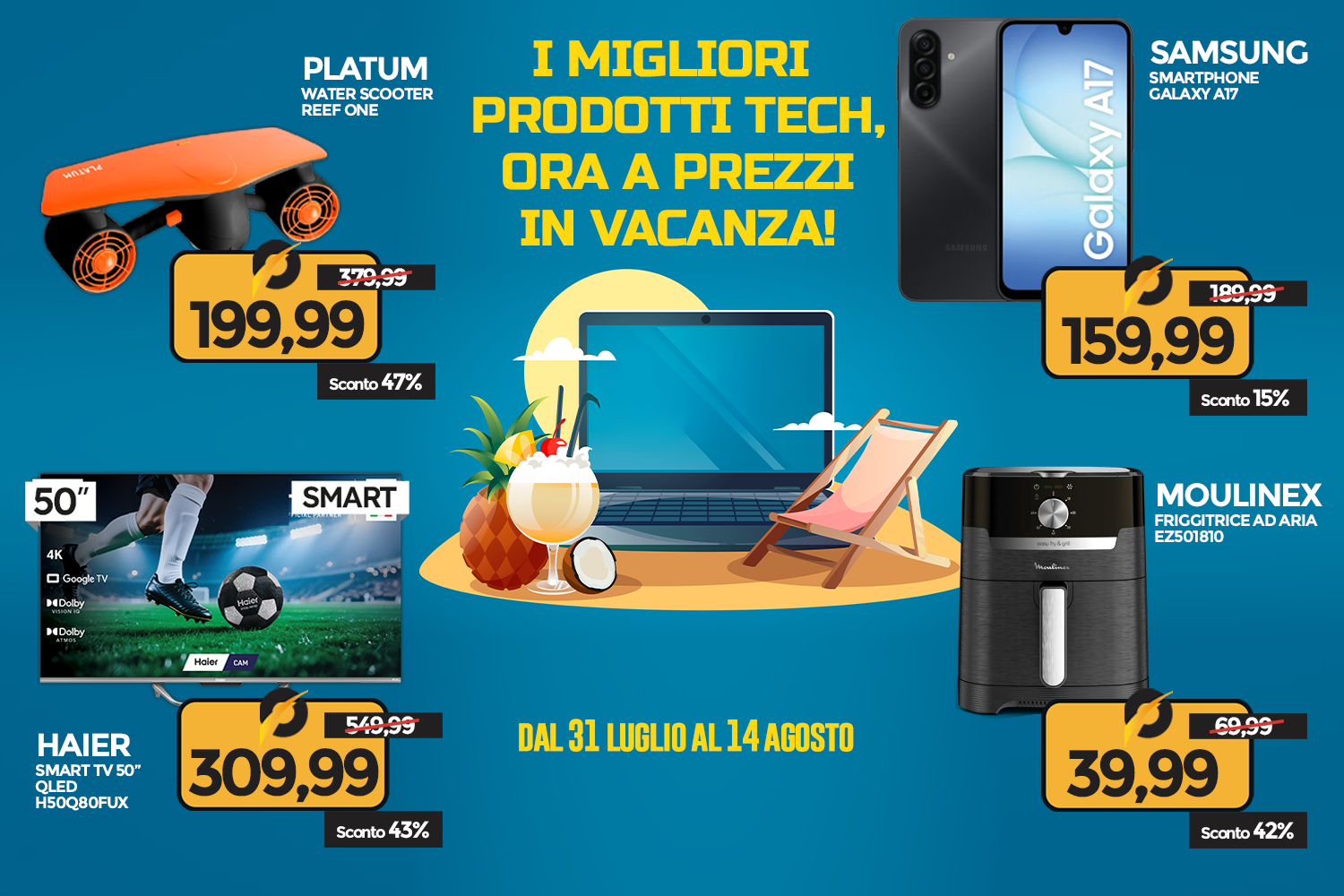 Summer tech sale banner showing discounted water scooter, Samsung Galaxy A17, 50" Haier TV and Moulinex air fryer with prices