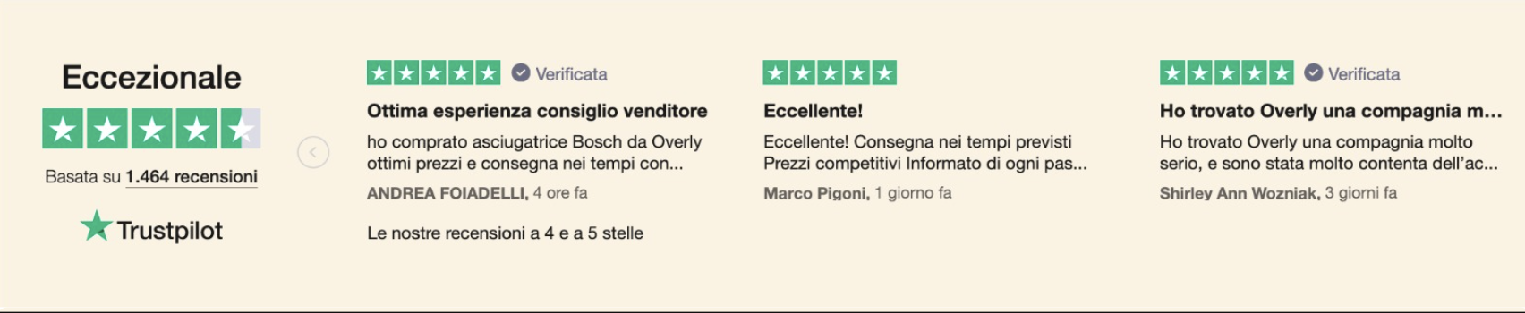 Trustpilot widget labelled 'Exceptional' with green star ratings, '1,464 reviews' badge and sample customer testimonials in Italian