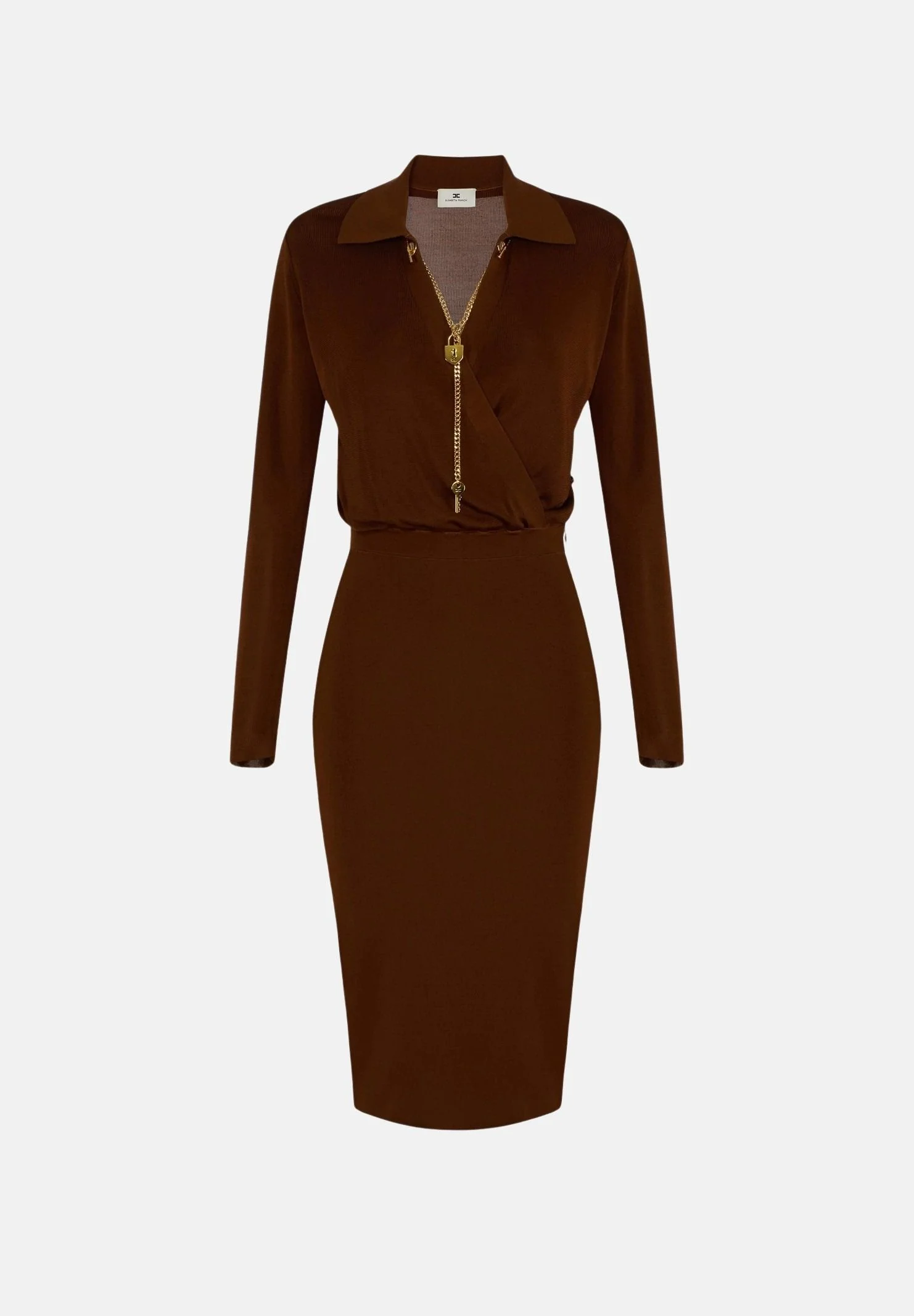 Image of ELISABETTA FRANCHI Abito midi in viscosa sigaro-marrone da donna con catena gioiello