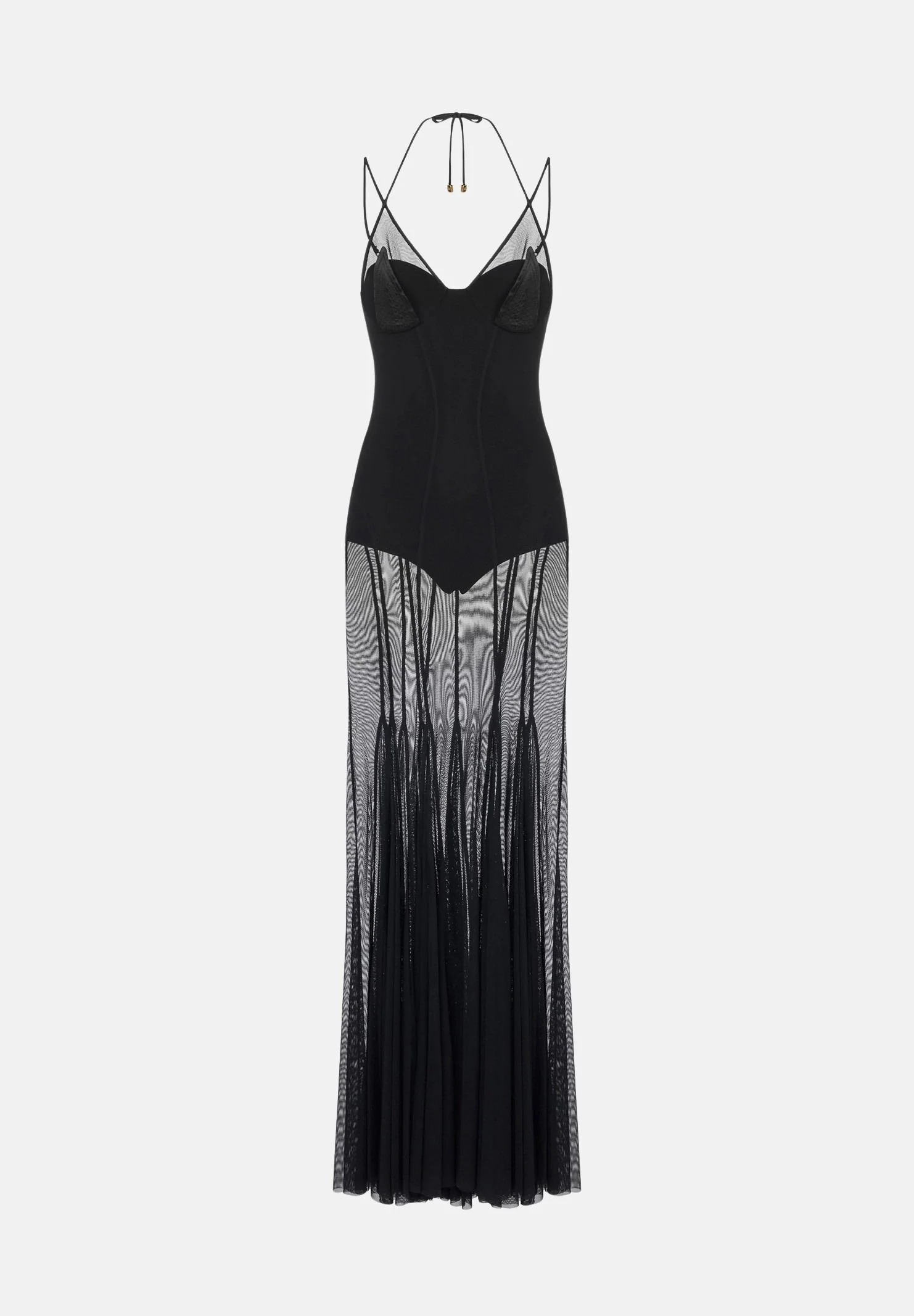 Image of ELISABETTA FRANCHI Abito RED CARPET in tulle e raso nero da  donna con trasparenze e dettagli metallici