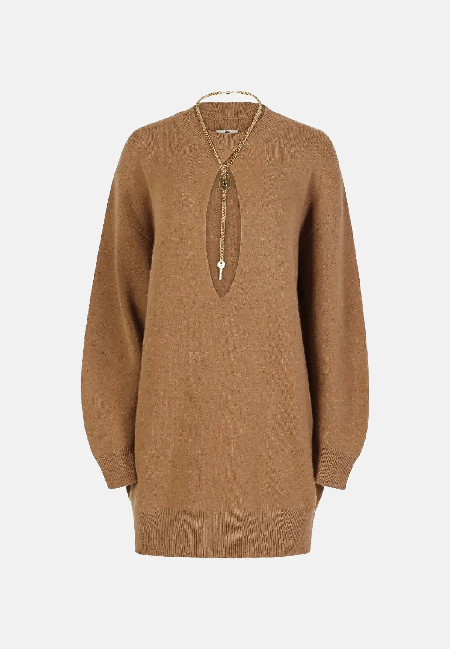 Image of ELISABETTA FRANCHI Mini abito in maglia daino marrone da donna con dettaglio cut-out in vita.