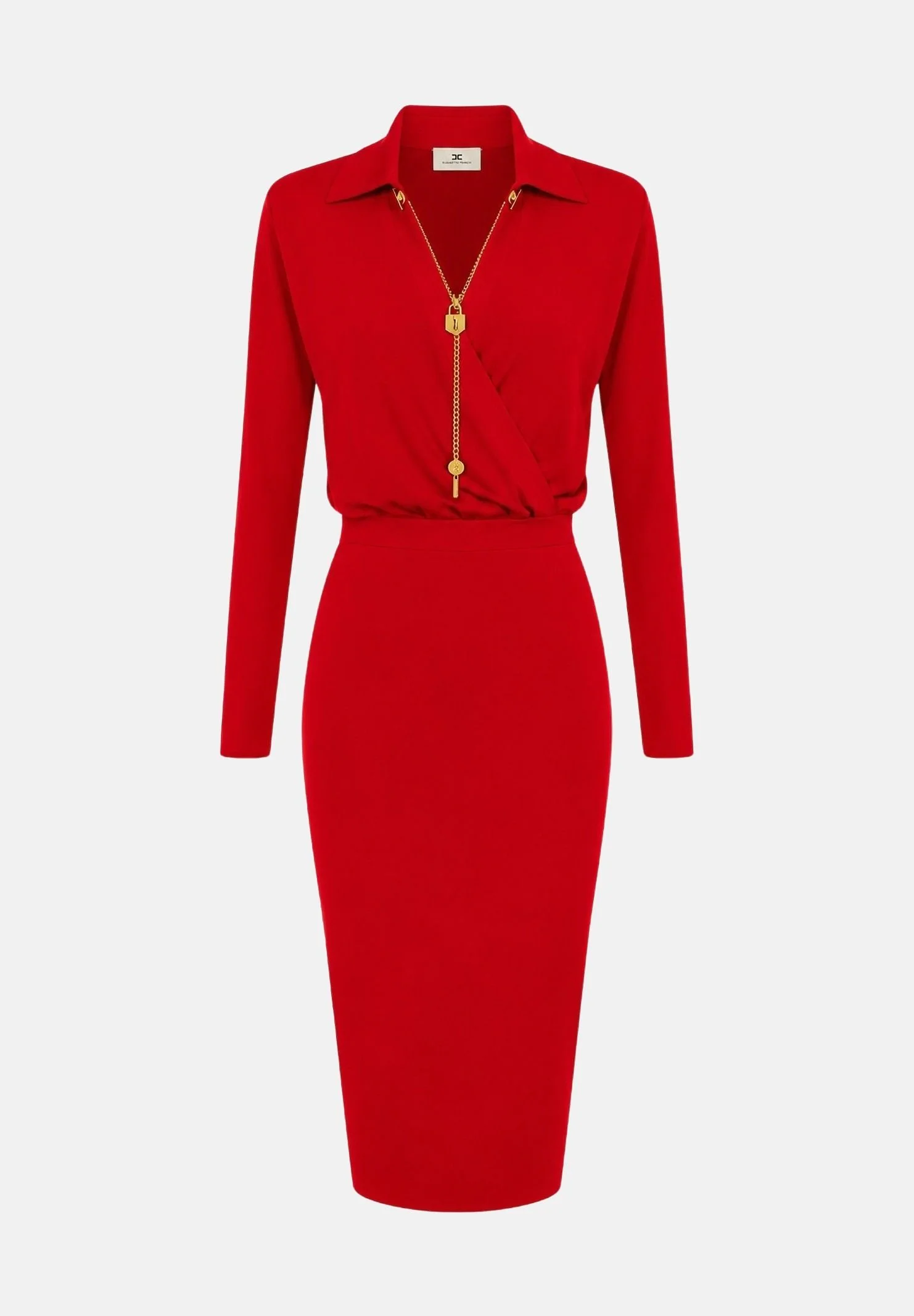 Image of ELISABETTA FRANCHI Abito midi in filato di viscosa red passion, rosso, da donna con catena gioiello