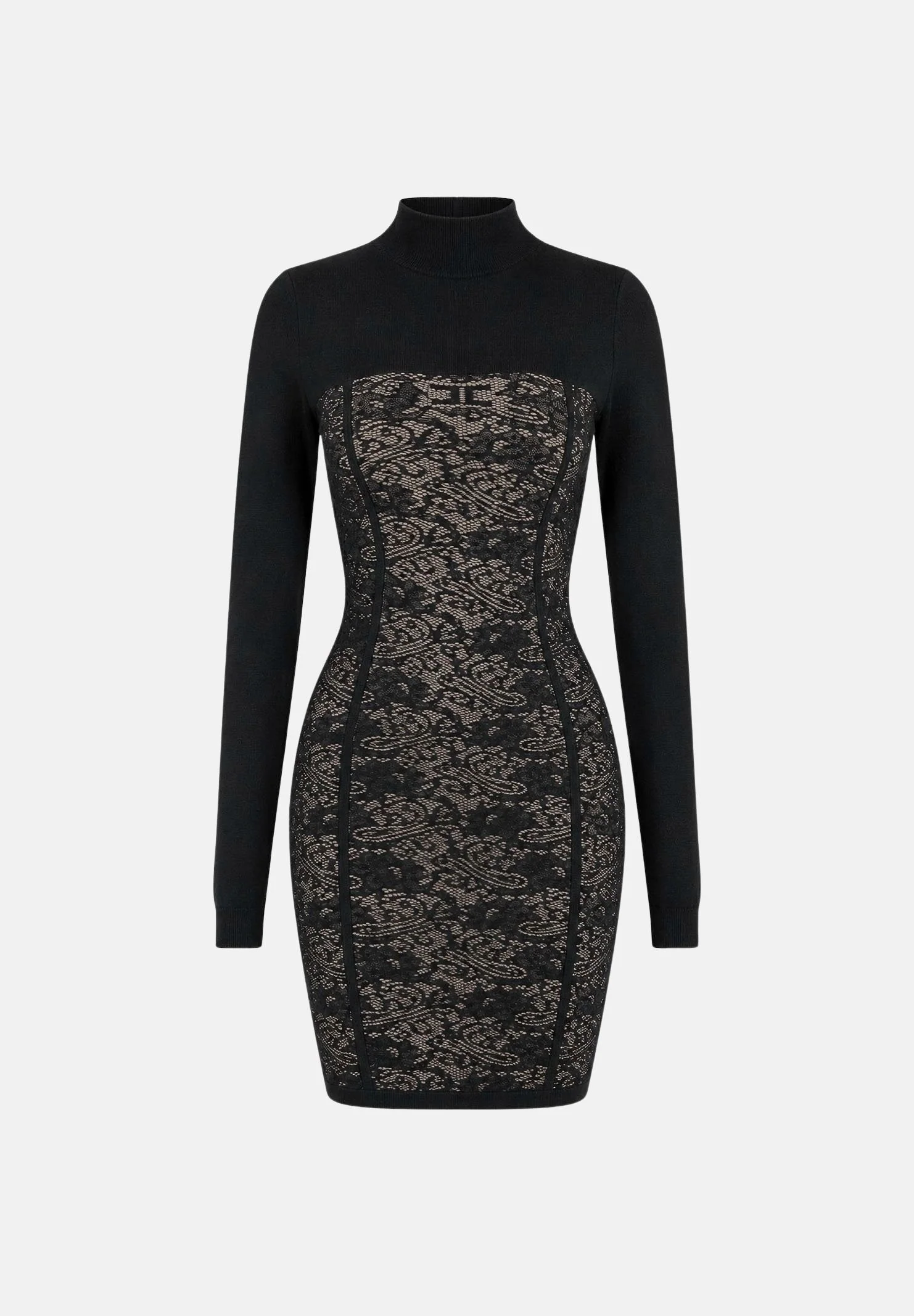 Image of ELISABETTA FRANCHI Abito JACQUARD nero pelle da donna con motivo floreale e dettagli semitrasparenti.